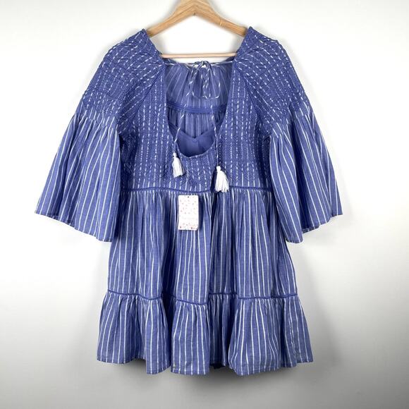 Free People NWT Lola Embroidered Tiered Mini Dress Chambray Blue Babydoll XS - Picture 5 of 12